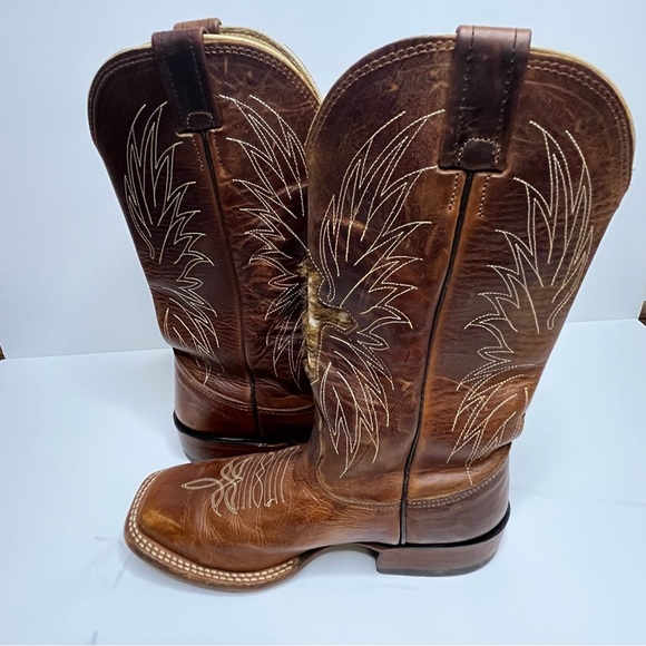 Larry Mahan Brown Leather Square Toe Cross Hair Western Cowboy Boots Size 6B - Picture 9 of 14